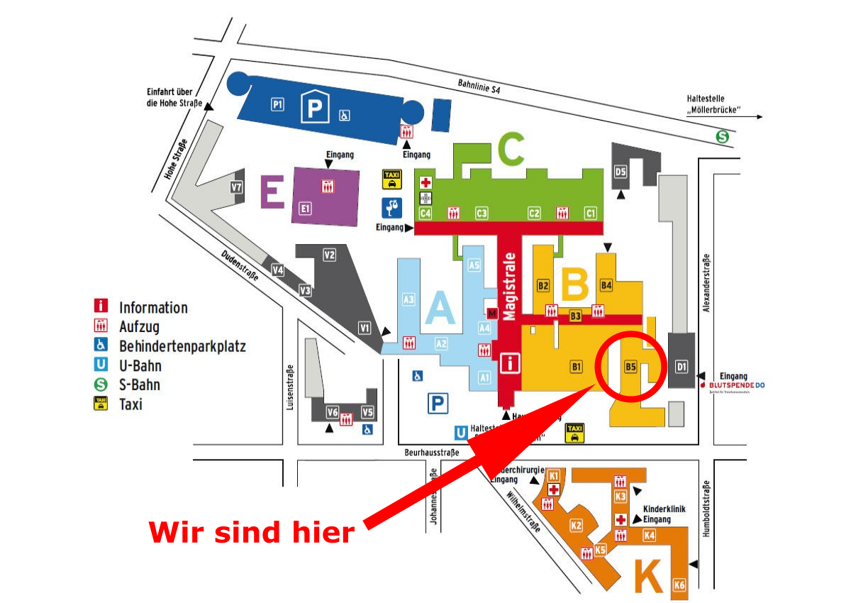 Grafik zeigt Wegeplan zur Nuklearmedizin (Klinikum Dortmund Mitte; Station B5)