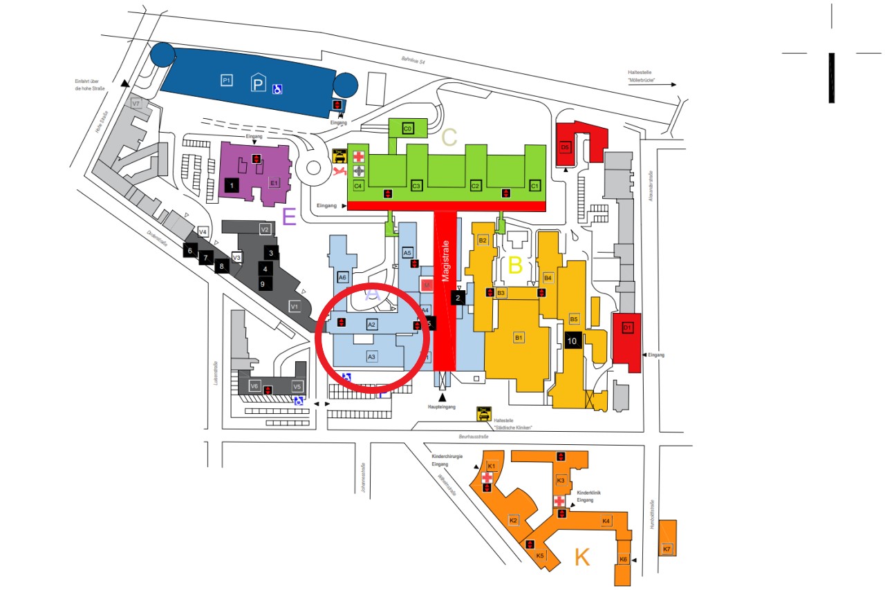 Grafik zeigt Wegeplan zur Klinik für Schmerzmedizin (A2/A3)