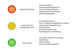 Grafik zeigt drei Phasen von CRPS (akute/floride Phase; Folge-Phase mit Bewegungsschmerz; Späte-Phase)