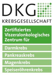 Grafik zeigt Logo der DKG Krebsgesellschaft (Zertifiziertes Viszeralonkolisches Zentrum für Darmkrebs, Pankreaskrebs, Magenkrebs, Speiseröhrenkrebs)