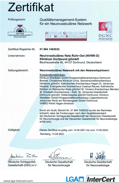 Bild zeigt Zertifikat: Qualitätsmanagement-System für ein Neurovaskuläres Netzwerk