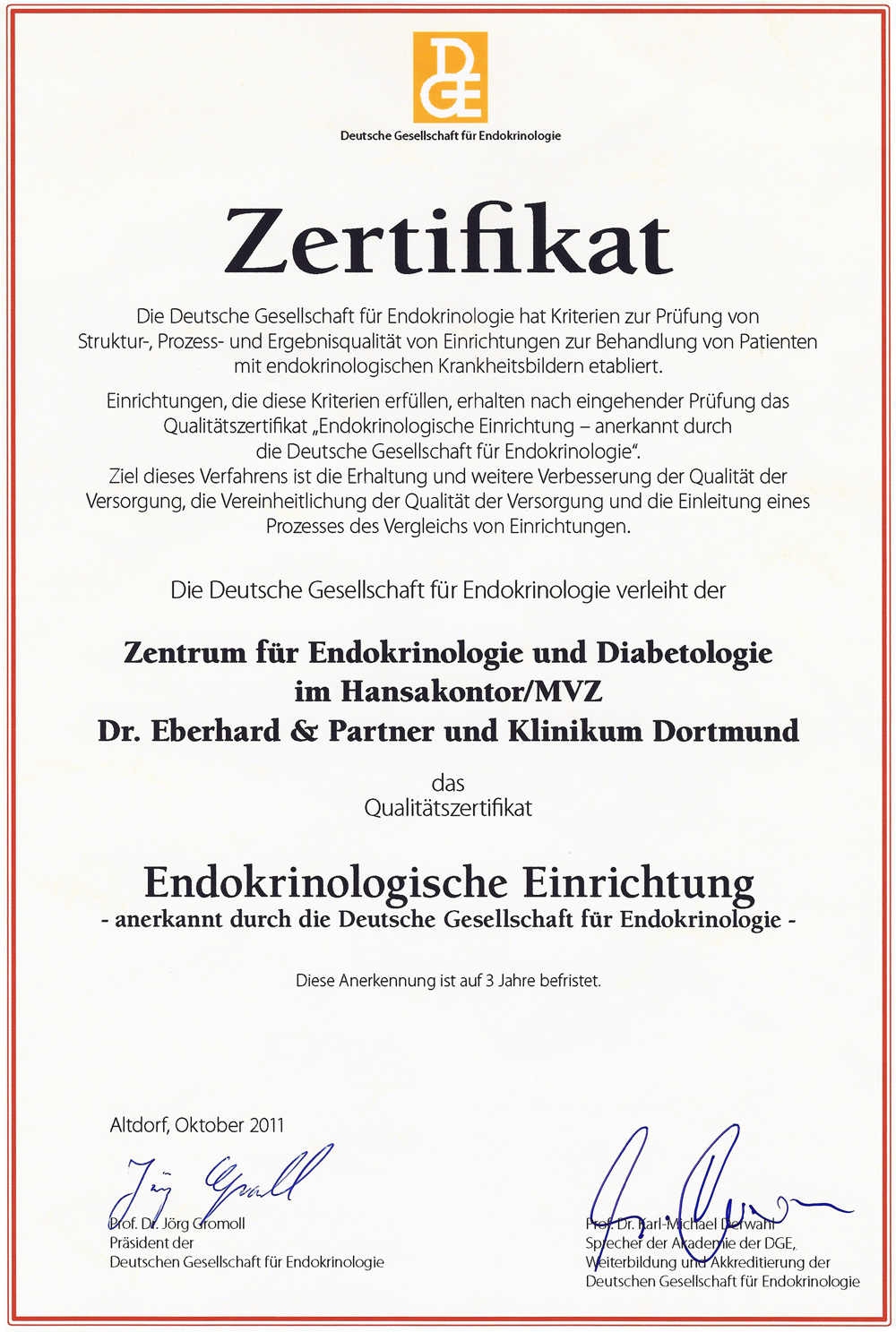 Bild zeigt Zertifikat der Deutschen Gesellschaft für Endokrinologie (Qualitätszertifikat Endokrinologische Einrichtung)