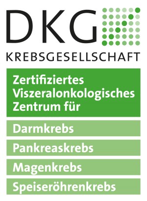 Grafik zeigt Logo der DKG Krebsgesellschaft (Zertifiziertes Viszeralonkolisches Zentrum für Darmkrebs, Pankreaskrebs, Magenkrebs, Speiseröhrenkrebs)