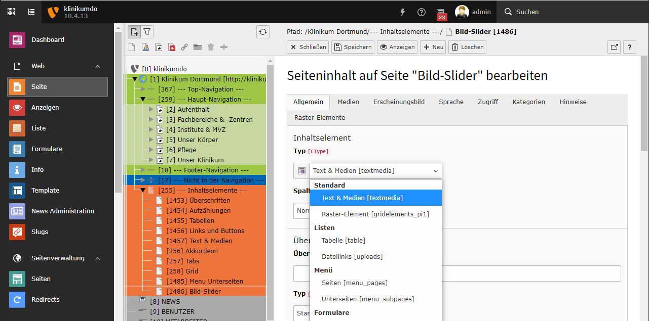 Inhaltselement Text & Medien auswählen.