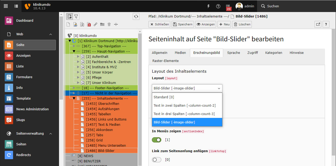 Unter Erscheinungsbild => Layout => Bild-Slider auswählen (durch die hinzugefügte Klasse wird der Slider aktiviert).